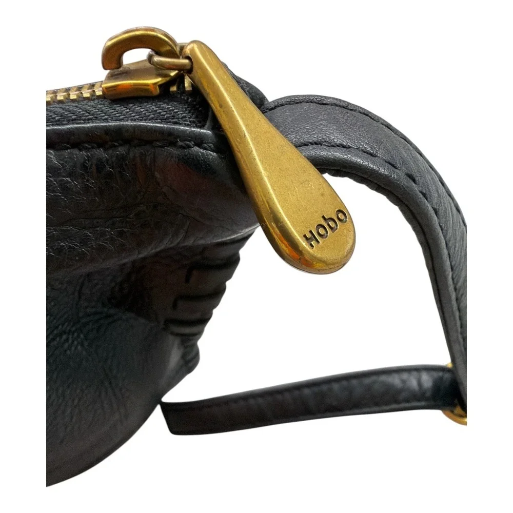 HOBO Black Leather Shoulder Bag Whipstich Detail Brass LOGO Hardware Purse EUC